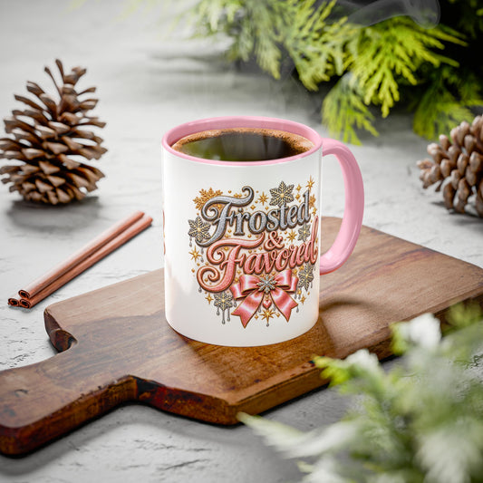 Frosted & Favored Holiday Mug | Pink & Light Blue Accent Ceramic Mug